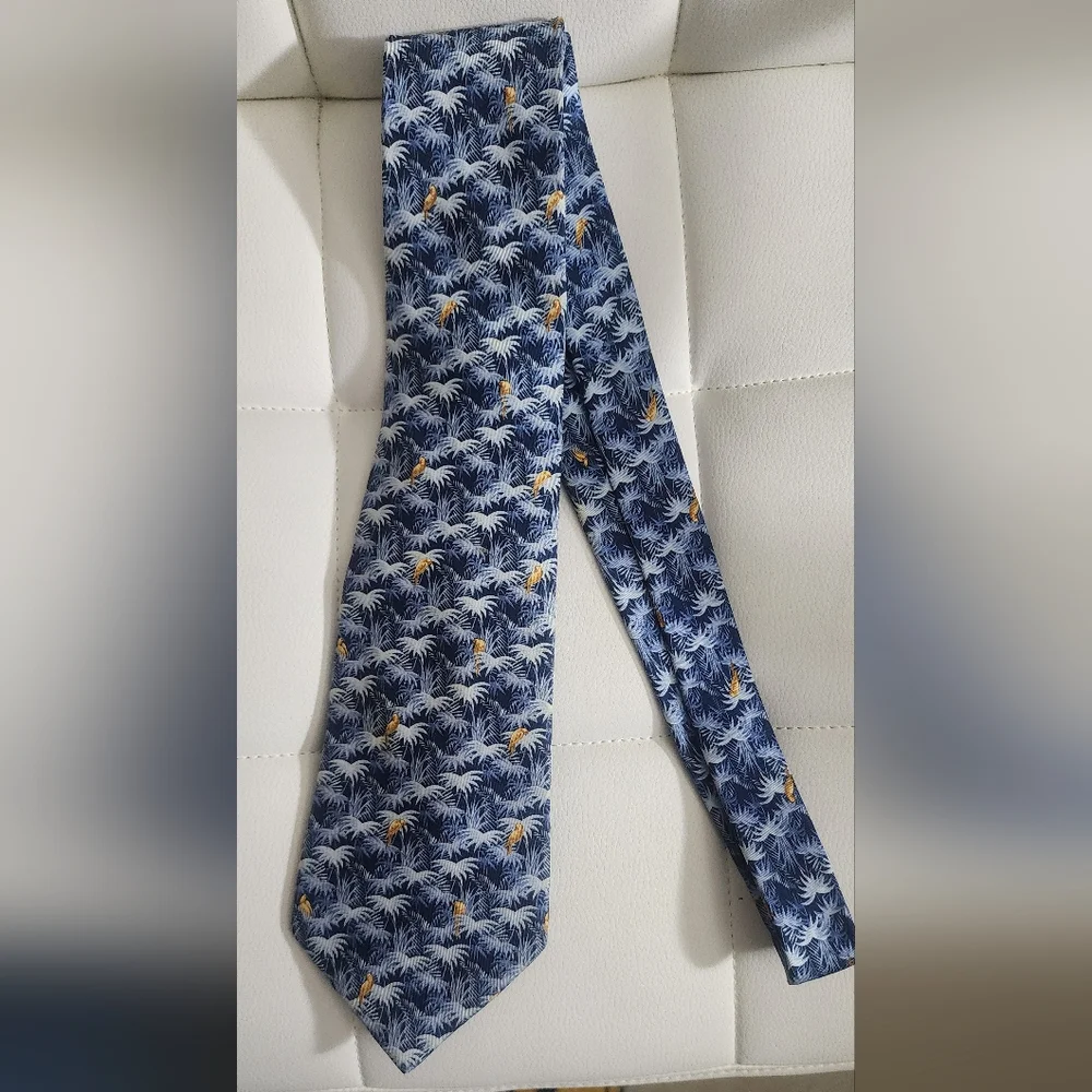 Salvatore Ferragamo Blue Palm-Print Silk Tie for Men, Length:‎ 45